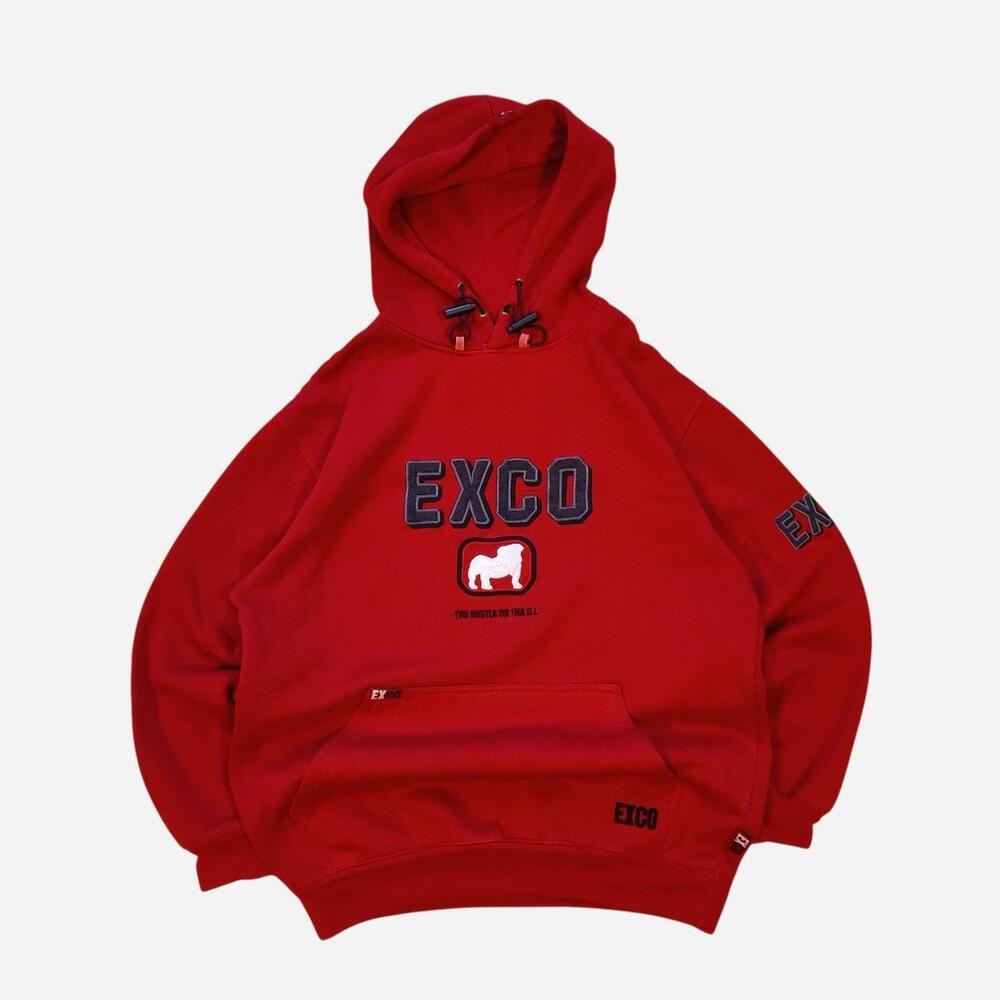 Y2K EXCO red hoodie with embroidered details